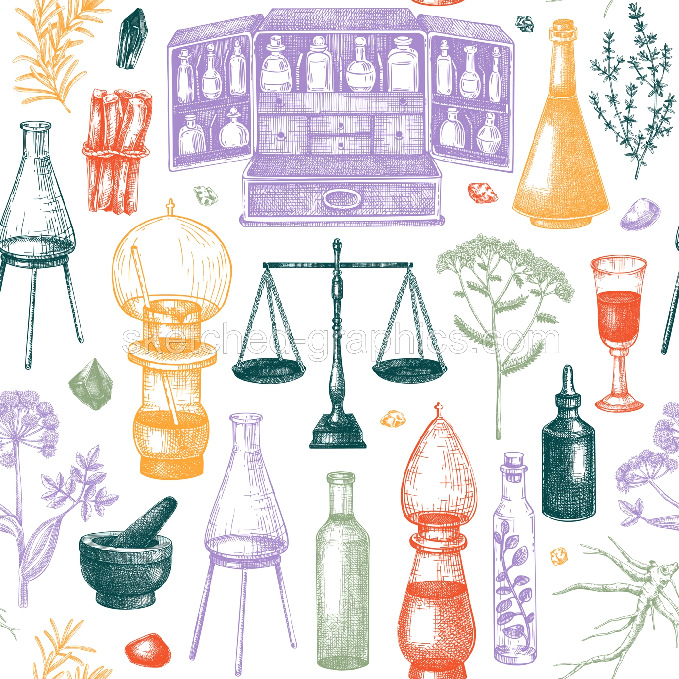 Herbal medicine background. Alchemy hand-drawn vector illustrations. Apothecary seamless pattern. Vintage chemistry glassware, healing herbs sketches. NOT AI generated Illustration
